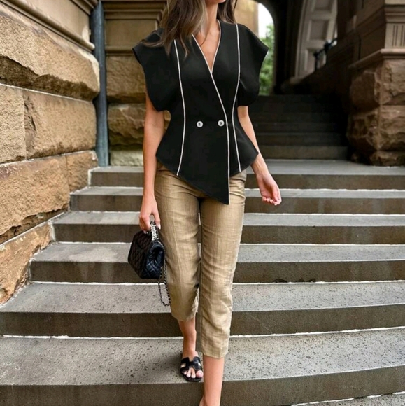 Women's Fashion Commuting Color-Block Trim Double-Breasted Shirt - Picture 3 of 4